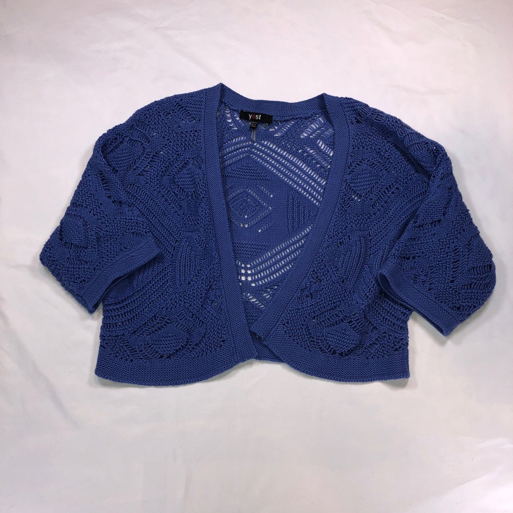 Yest Blue Pointelle Knit Open Front Shrug Cardigan Short Sleeve Cropped Size 8